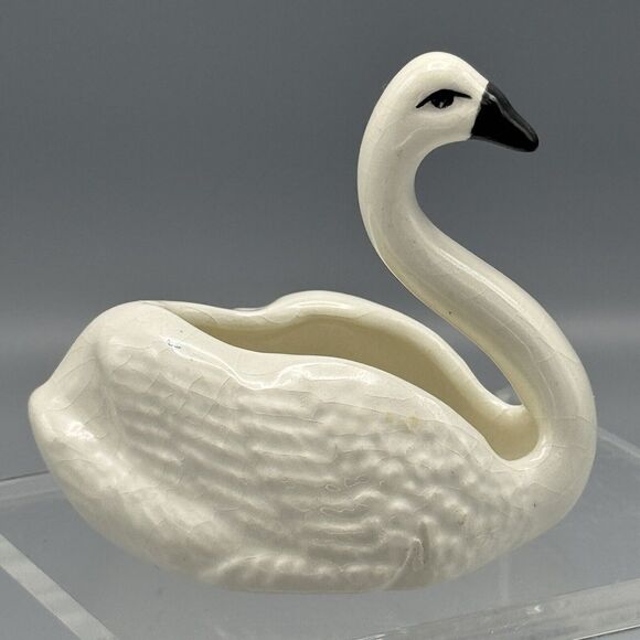 Vtg Small Swan Figurine Planter Black Beak '84 Stock Heaving Crazing 3" Birds - Picture 7 of 8